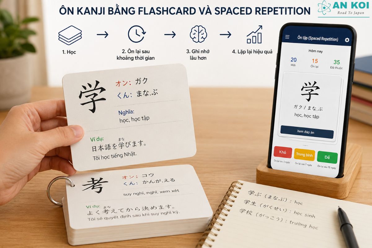 フラッシュカードと間隔反復を組み合わせると、忘れかけた漢字を適切なタイミングで復習できます。