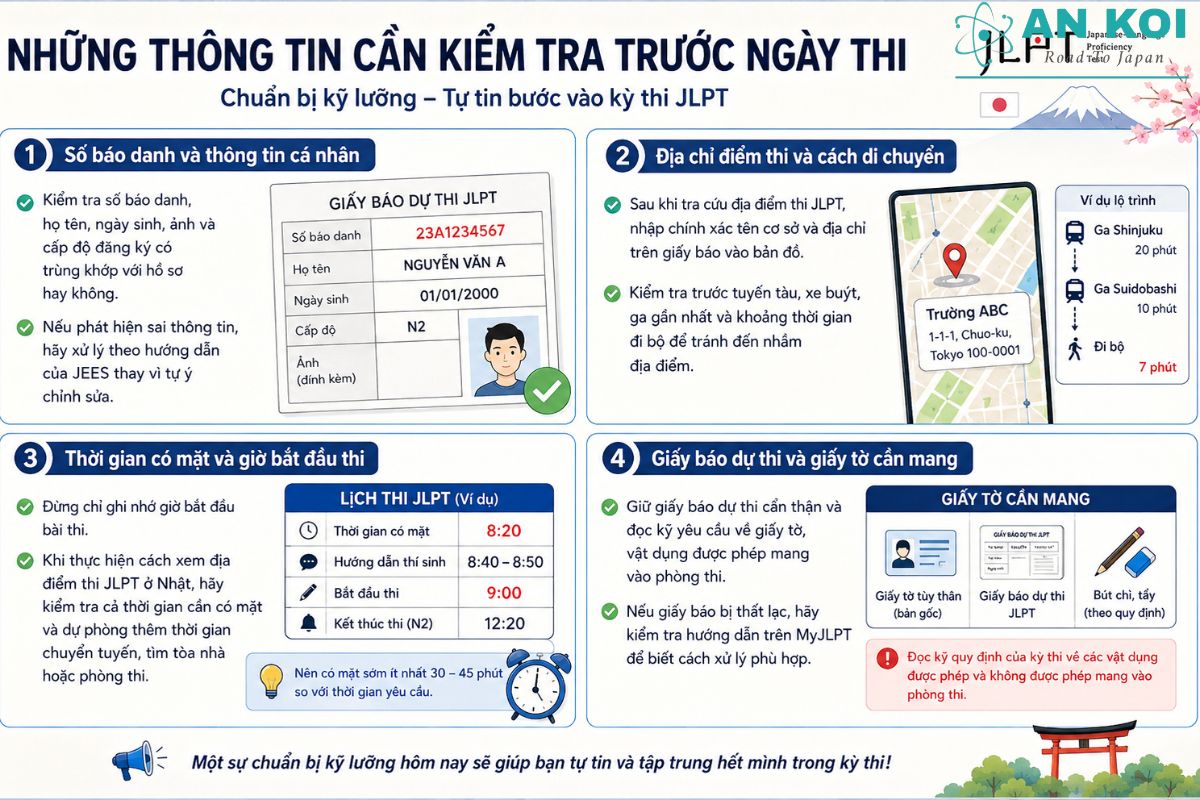 Checklist cần kiểm tra sau khi thực hiện cách xem địa điểm thi JLPT ở Nhật: số báo danh, địa chỉ, thời gian và giấy tờ dự thi.
