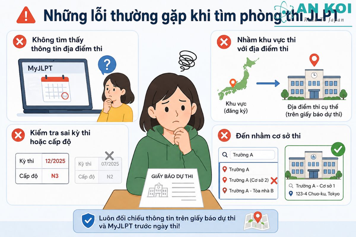 Những lỗi thường gặp khi thực hiện cách xem địa điểm thi JLPT ở Nhật gồm nhầm khu vực, sai kỳ thi hoặc đến nhầm cơ sở.