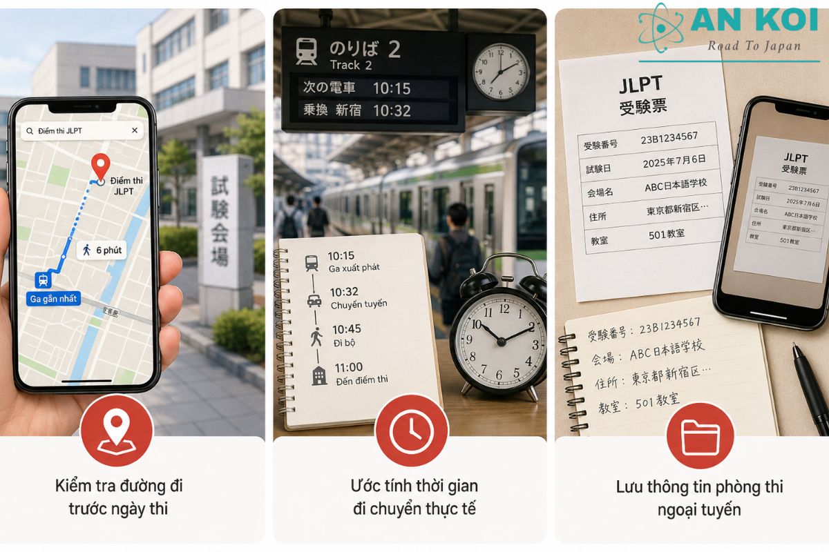 Kinh nghiệm cách xem địa điểm thi JLPT ở Nhật: kiểm tra đường đi, dự phòng thời gian di chuyển và lưu thông tin phòng thi ngoại tuyến.