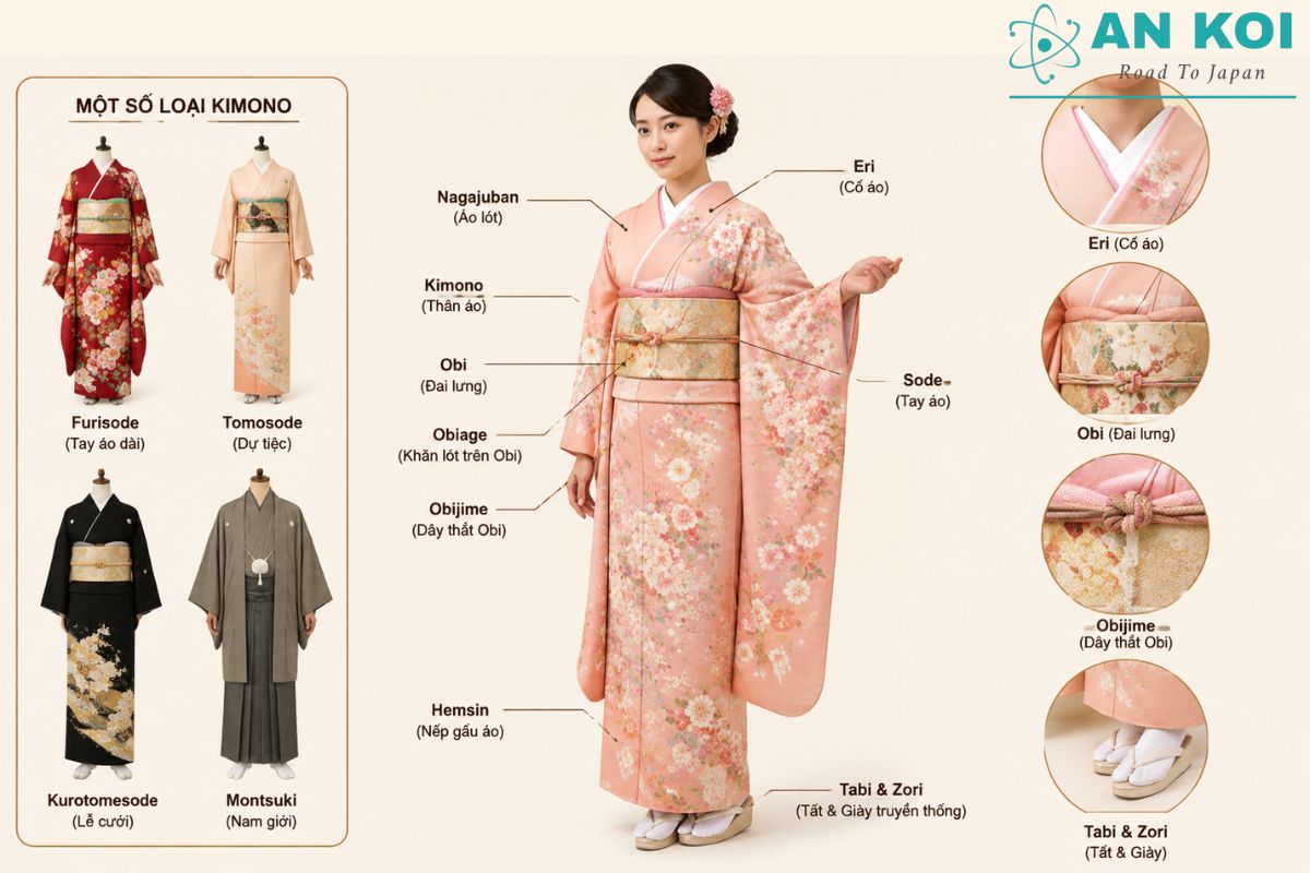 Một số loại Kimono phổ biến và các chi tiết cơ bản của trang phục.