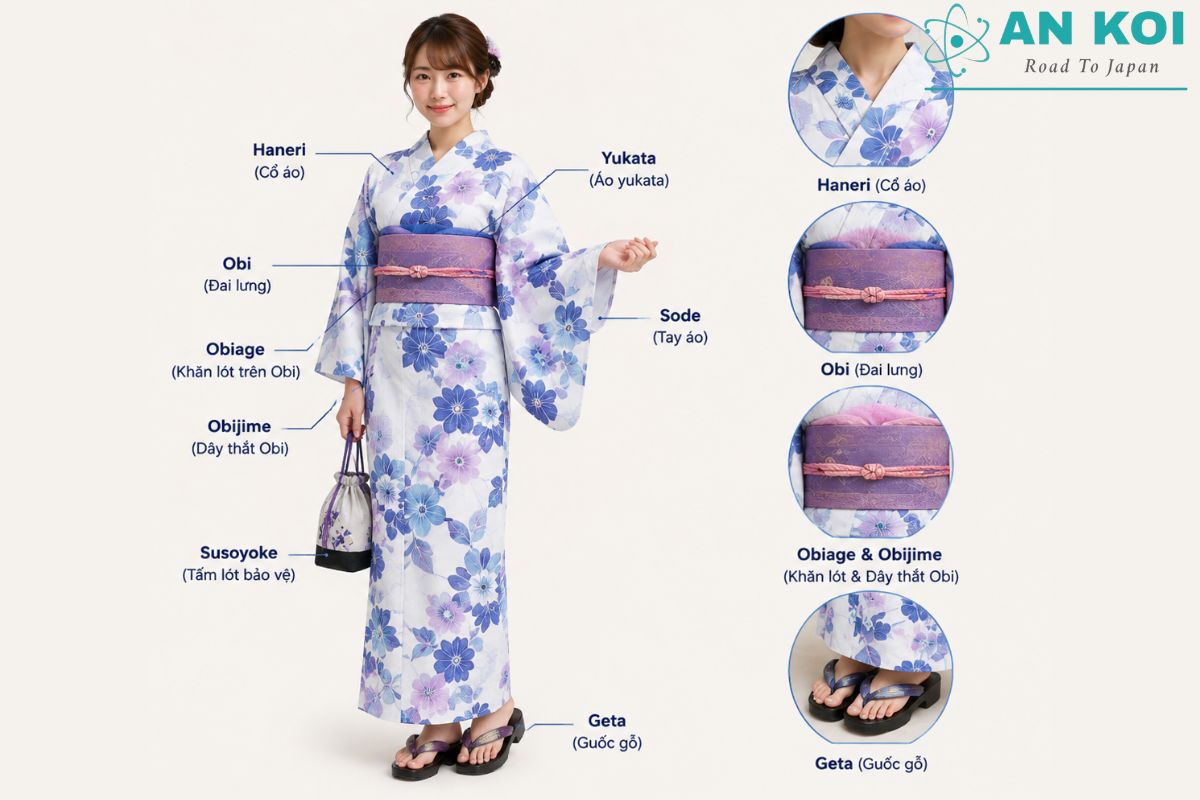 Yukata có thiết kế nhẹ, ít lớp, kết hợp Obi đơn giản và Geta