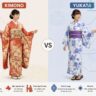 Kimono and Yukata differ in material, number of layers, Obi, and level of formality