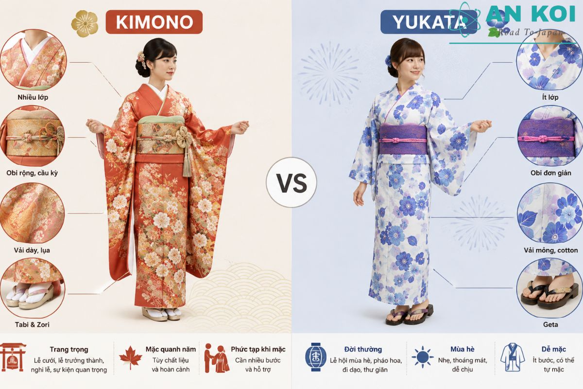 Kimono và Yukata khác nhau ở chất liệu, số lớp, Obi và mức độ trang trọng