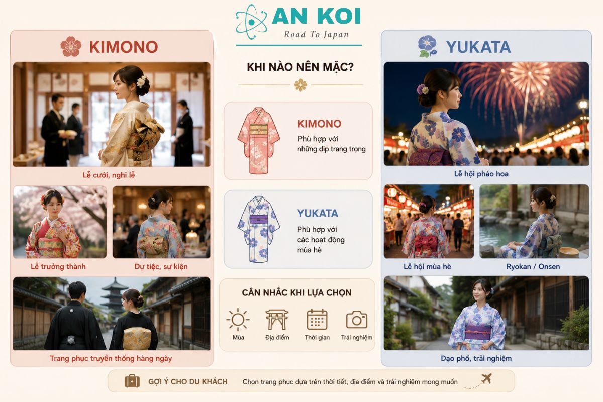 Kimono và Yukata phù hợp với những hoàn cảnh và mùa khác nhau