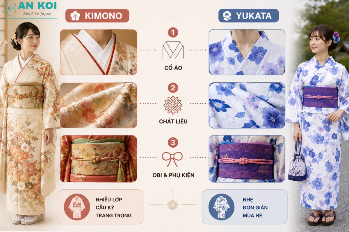 Phụ kiện giúp phân biệt Kimono và Yukata khi quan sát trực tiếp.