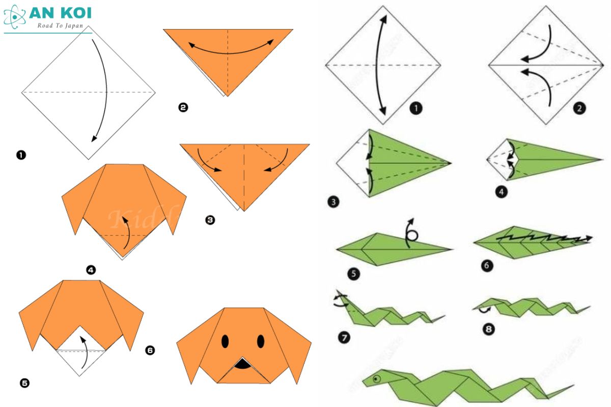 Crease diagrams and symbols help learners of Origami art follow the correct shaping sequence step by step.