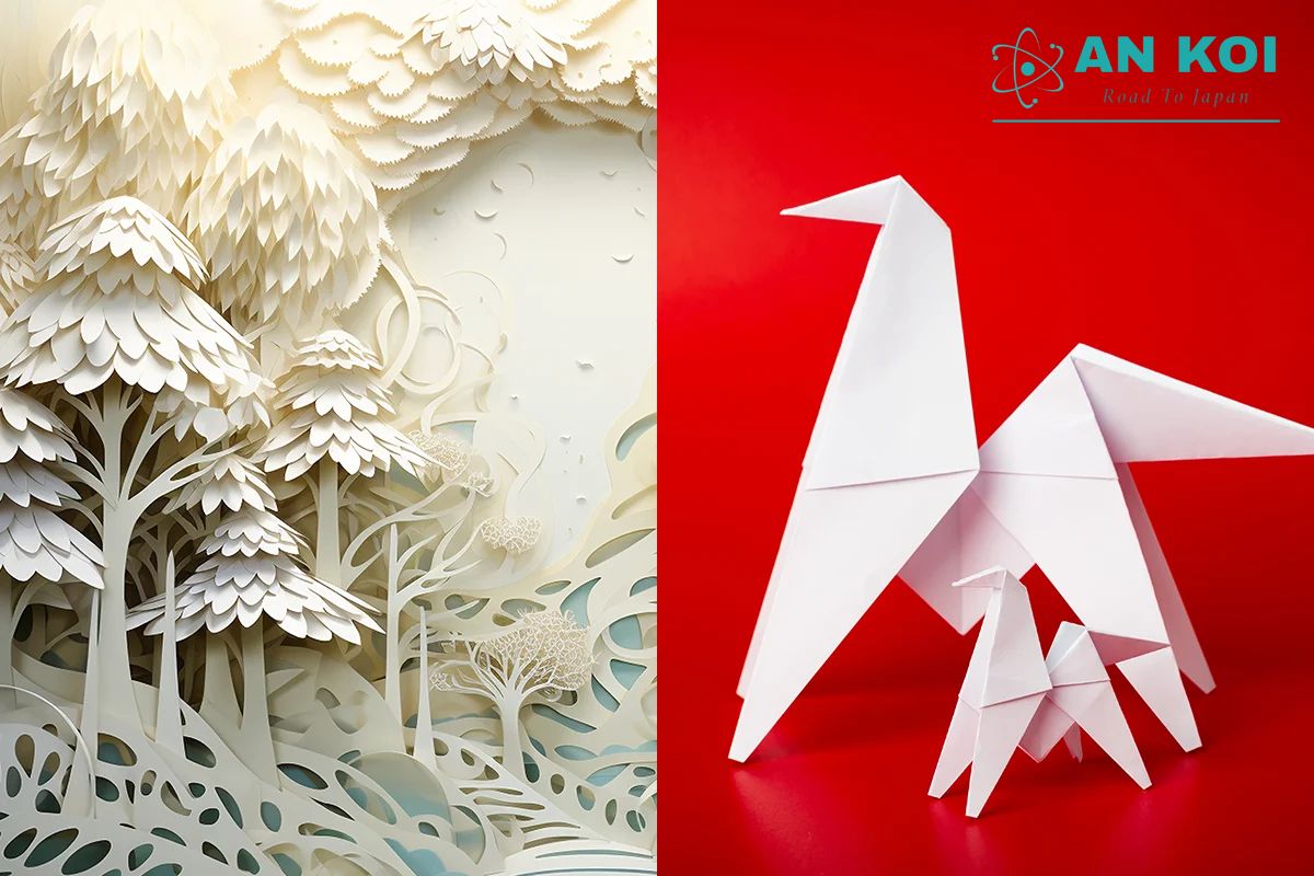 The illustration shows the difference between Kirigami, which uses paper cutting, and traditional Origami, which relies mainly on folds.